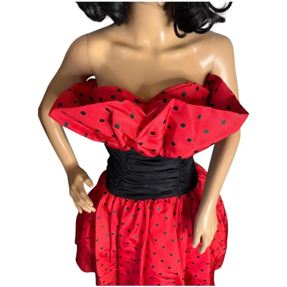 1980s Vintage Red Black Polka Dot Strapless Party Dress XS